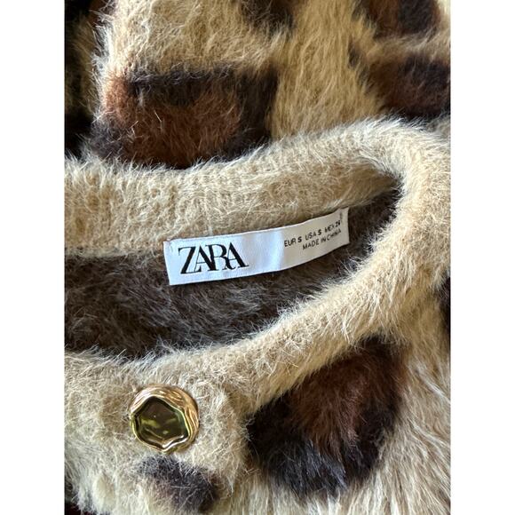 Zara Faux Fur Animal Print Jacquard Knit Cardigan Women’s Size S - Picture 10 of 12